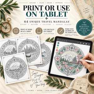 Travel Mandala Coloring Book for Adults | 64 Printable Travel Coloring Pages | PDF + PNG | Digital & Tablet Coloring image 3