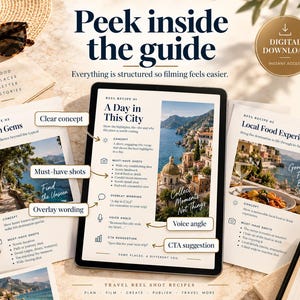 May include: A digital guide for travel content creation displayed on a tablet and printed pages. The documents feature text titled Reel Recipe, A Day in This City, Hidden Gems, and Local Food Experience, alongside travel photography and instructional icons.