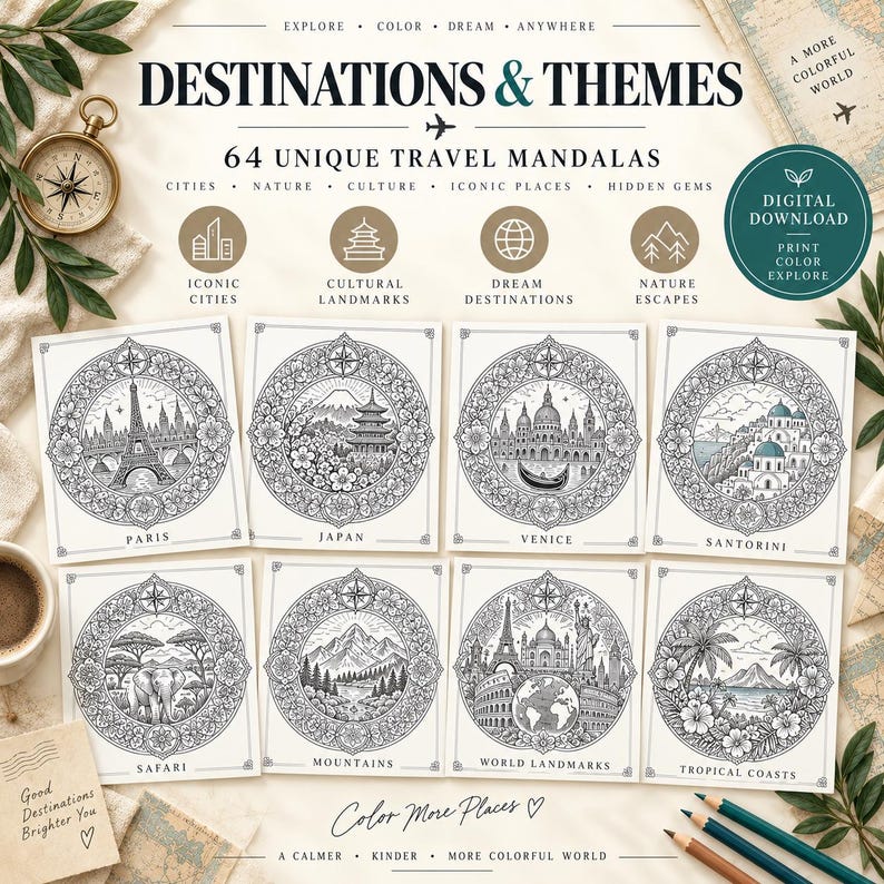Travel Mandala Coloring Book for Adults | 64 Printable Travel Coloring Pages | PDF + PNG | Digital & Tablet Coloring image 5