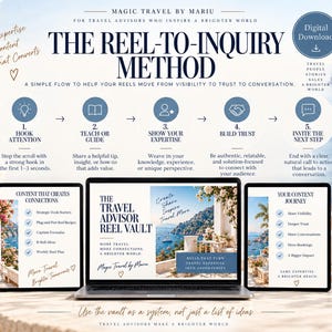 May include: A digital download guide titled The Reel-to-Inquiry Method for travel advisors, displayed on a laptop and two tablets. The graphic outlines a five-step process for social media content, featuring icons, text, and a coastal background.