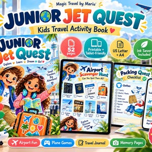 May include: A digital activity book titled Junior Jet Quest featuring illustrations of two children with travel gear. The set includes a 52-page travel journal, an airport scavenger hunt, and a packing checklist, all designed for tablets or printing on US Letter and A4 paper.