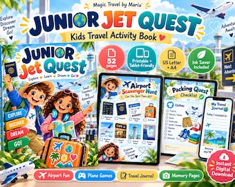 Kids Travel Activity Book Printable + Tablet PDF | Airplane Activities for Kids | Airport Games, Travel Journal, Bingo, Scavenger Hunt