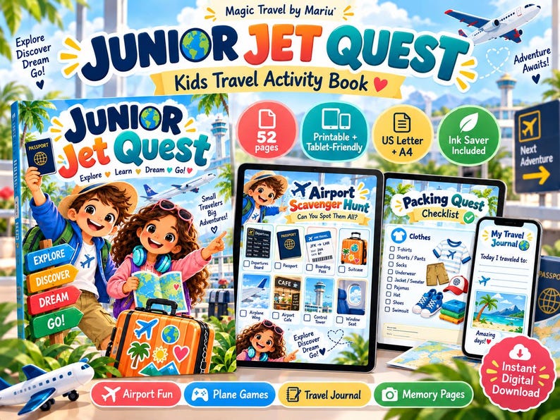 May include: A digital activity book titled Junior Jet Quest featuring illustrations of two children with travel gear. The set includes a 52-page travel journal, an airport scavenger hunt, and a packing checklist, all designed for tablets or printing on US Letter and A4 paper.