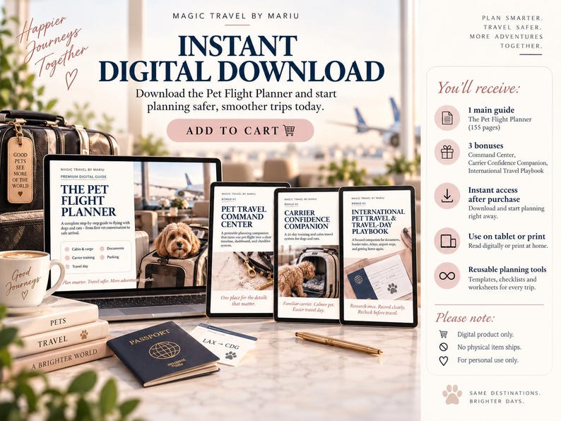 May include: A digital pet flight planner set displayed on a laptop and two tablets, featuring a passport, a pen, and stacked books. The screen text includes 'The Pet Flight Planner', 'Pet Travel Command Center', 'Carrier Confidence Companion', and 'International Pet Travel & Travel-Day Playbook'. A list of included items and digital download instructions are provided on the right side.