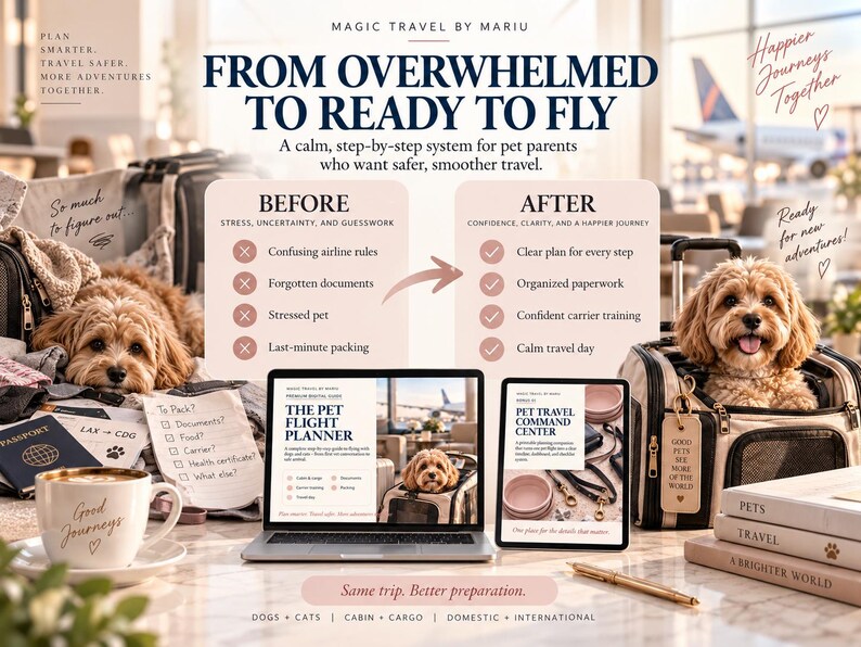 May include: A digital pet travel planning system featuring a laptop and tablet displaying The Pet Flight Planner and Pet Travel Command Center. The graphic includes a comparison chart titled Before and After, surrounded by travel accessories and a dog.