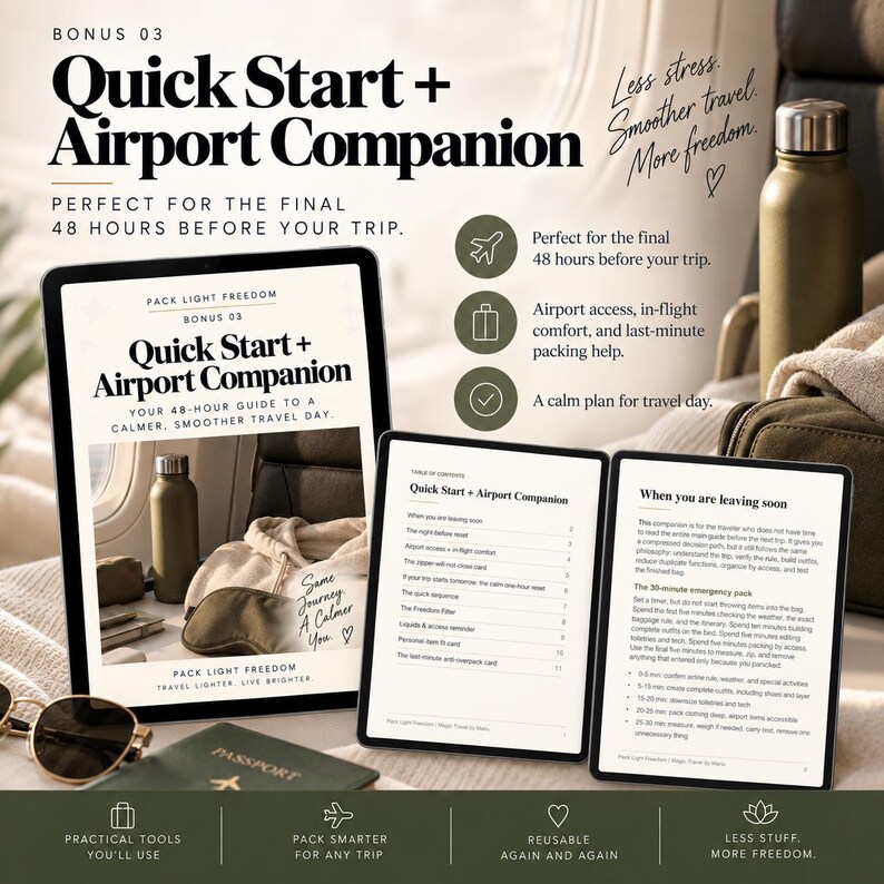 May include: A digital travel guide titled Quick Start + Airport Companion displayed on three screens. The content includes travel checklists, packing advice, and a table of contents. The text is black on a white background with a minimalist layout.