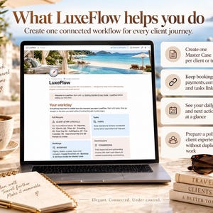 May include: A laptop displaying the LuxeFlow software interface with a beach header, surrounded by a coffee cup, a notebook with a pen, and a stack of books labeled Travel, Clients, and A Better Tomorrow, with text detailing workflow features.