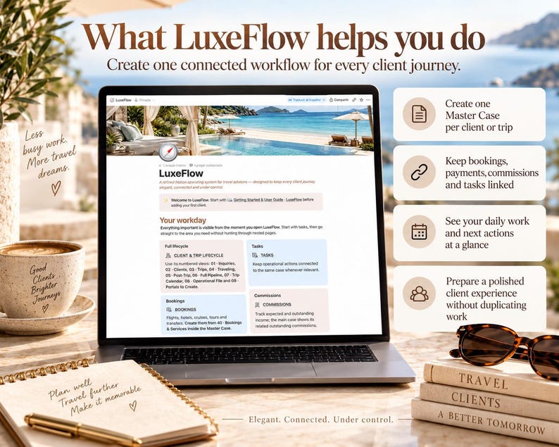 May include: A laptop displaying the LuxeFlow software interface with a beach header, surrounded by a coffee cup, a notebook with a pen, and a stack of books labeled Travel, Clients, and A Better Tomorrow, with text detailing workflow features.
