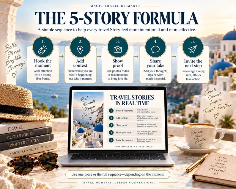 May include: A laptop displaying a 5-story travel formula infographic sits on a table with a straw hat, a stack of books, sunglasses, a coffee cup, and a notebook. The text includes "The 5-Story Formula," "Travel Stories in Real Time," and "Stories Move People."