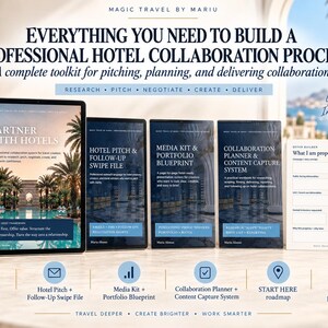 May include: A digital toolkit for hotel collaborations by Magic Travel by Mariu, featuring a 62-page main guide, a pitch and follow-up swipe file, a media kit and portfolio blueprint, a collaboration planner, and a content capture system.