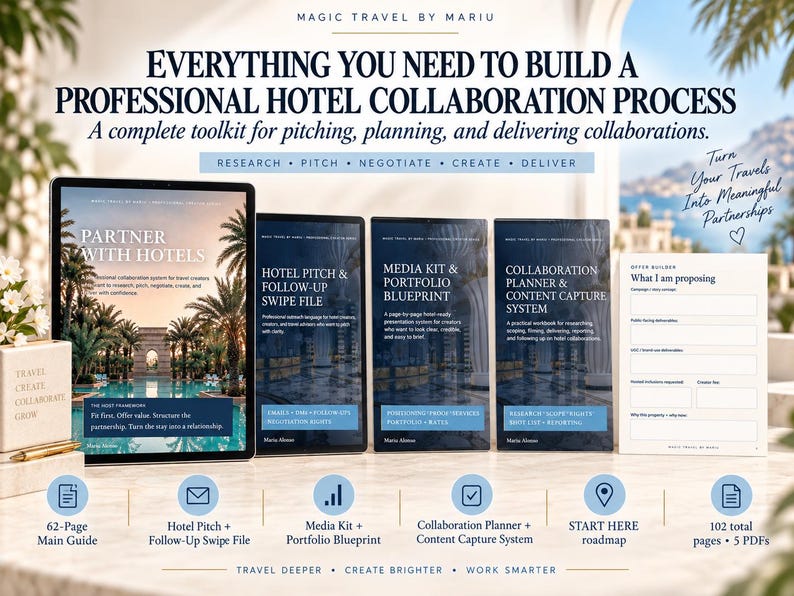 May include: A digital toolkit for hotel collaborations by Magic Travel by Mariu, featuring a 62-page main guide, a pitch and follow-up swipe file, a media kit and portfolio blueprint, a collaboration planner, and a content capture system.