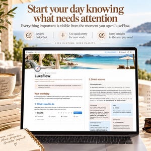 May include: A laptop screen displaying the LuxeFlow software interface with a coastal resort background. The screen shows sections titled Your workday, What I need to do, and Direct access, alongside text about organizing travel business tasks.