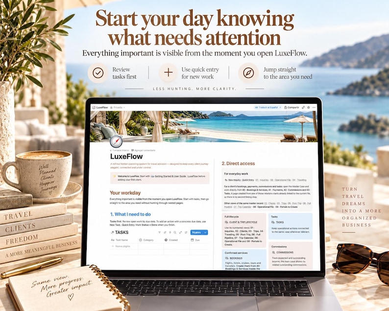 May include: A laptop screen displaying the LuxeFlow software interface with a coastal resort background. The screen shows sections titled Your workday, What I need to do, and Direct access, alongside text about organizing travel business tasks.