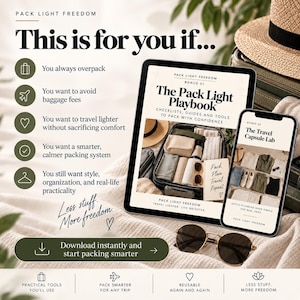 May include: A digital marketing graphic titled Pack Light Freedom featuring a tablet and smartphone displaying travel guides. The text reads This is for you if, The Pack Light Playbook, and The Travel Capsule Lab. Includes sunglasses and icons.