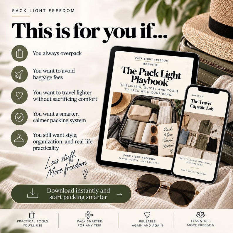 May include: A digital marketing graphic titled Pack Light Freedom featuring a tablet and smartphone displaying travel guides. The text reads This is for you if, The Pack Light Playbook, and The Travel Capsule Lab. Includes sunglasses and icons.