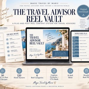 May include: A digital download product titled The Travel Advisor Reel Vault, featuring a laptop, tablet, and smartphone displaying travel-themed content templates, reel categories, a weekly plan, and marketing text for travel advisors.
