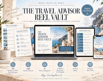 Travel Agent Reel Content System | 30 Reel Scripts + 120 Hooks | Instagram Content Planner for Travel Advisors | Digital PDF Bundle