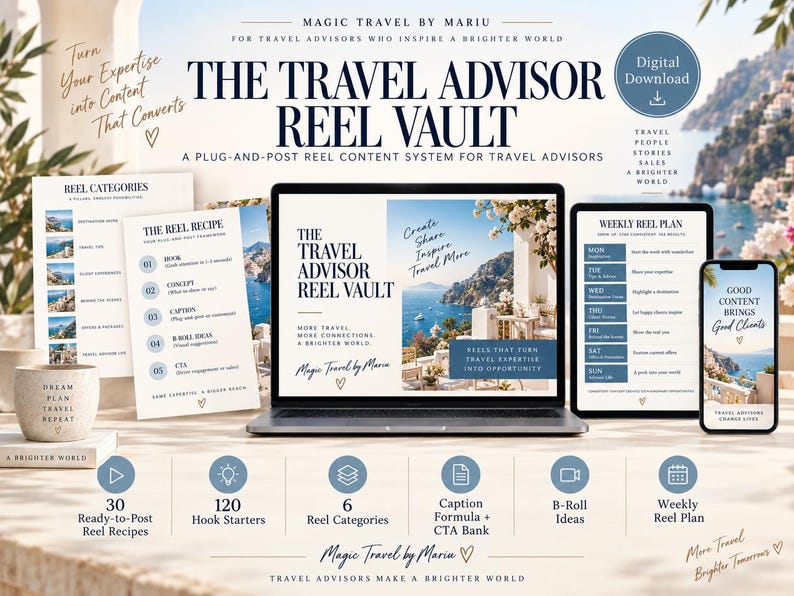 May include: A digital download product titled The Travel Advisor Reel Vault, featuring a laptop, tablet, and smartphone displaying travel-themed content templates, reel categories, a weekly plan, and marketing text for travel advisors.