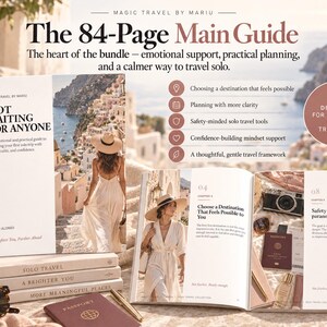 May include: A 84-page guide titled Not Waiting For Anyone by Mariu Alonso, featuring a book cover with a coastal scene, an open book displaying chapters 4 and 8, and a circular badge stating Designed for first-time solo travelers.