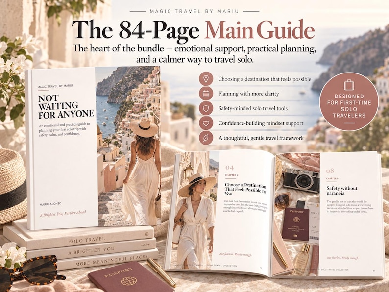 May include: A 84-page guide titled Not Waiting For Anyone by Mariu Alonso, featuring a book cover with a coastal scene, an open book displaying chapters 4 and 8, and a circular badge stating Designed for first-time solo travelers.