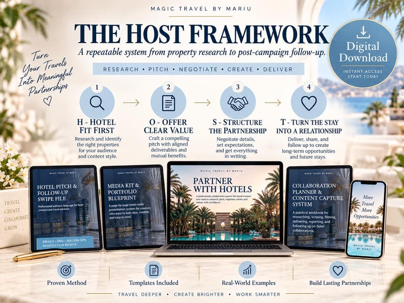 May include: A digital download guide titled The Host Framework by Magic Travel by Mariu, featuring a four-step process for hotel partnerships. The graphic displays a laptop and tablets showing document covers, including Partner With Hotels and a planner.