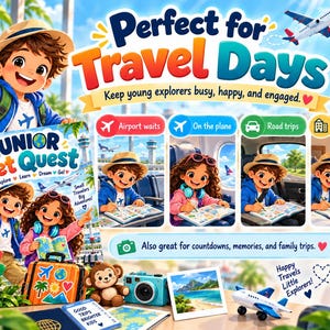 May include: A Junior Jet Quest activity book for children featuring illustrations of young travelers, a passport, a suitcase, a toy airplane, a camera, and a plush monkey. The text reads Perfect for Travel Days, Junior Jet Quest, and Explore Discover Dream Go.