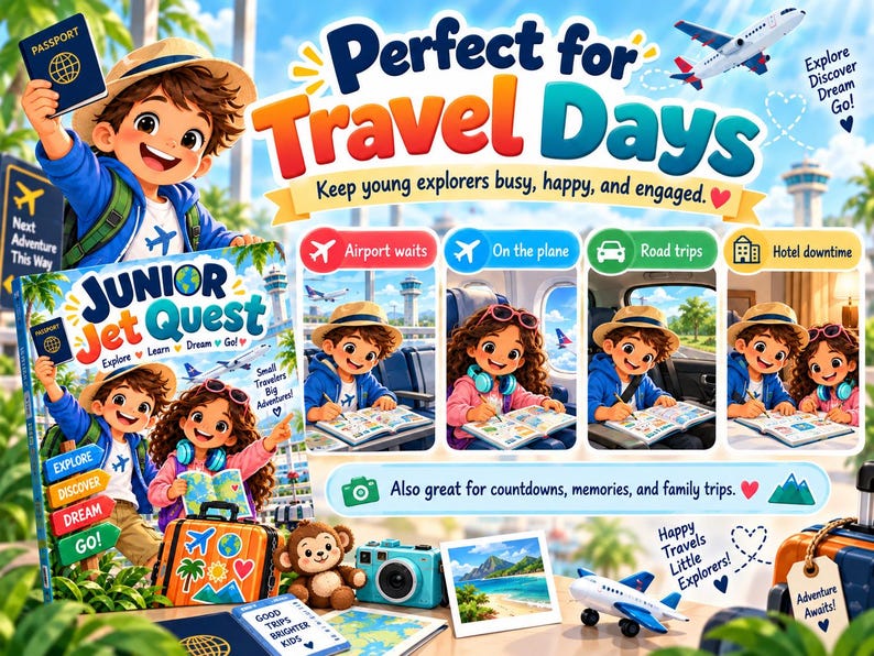 May include: A Junior Jet Quest activity book for children featuring illustrations of young travelers, a passport, a suitcase, a toy airplane, a camera, and a plush monkey. The text reads Perfect for Travel Days, Junior Jet Quest, and Explore Discover Dream Go.