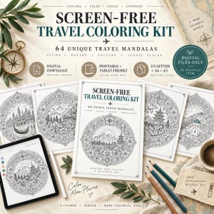 Travel Mandala Coloring Book for Adults | 64 Printable Travel Coloring Pages | PDF + PNG | Digital & Tablet Coloring image 1