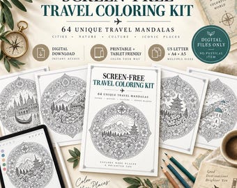 Travel Mandala Coloring Book for Adults | 64 Printable Travel Coloring Pages | PDF + PNG | Digital & Tablet Coloring