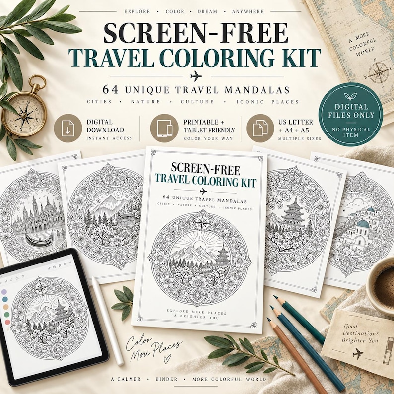 Travel Mandala Coloring Book for Adults | 64 Printable Travel Coloring Pages | PDF + PNG | Digital & Tablet Coloring image 1