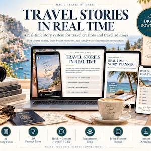 May include: A digital download product display featuring a laptop, tablet, and smartphone showing travel story planning templates. Includes a coffee cup, passport, sunglasses, and camera on a desk with text overlays like Travel Stories in Real Time.
