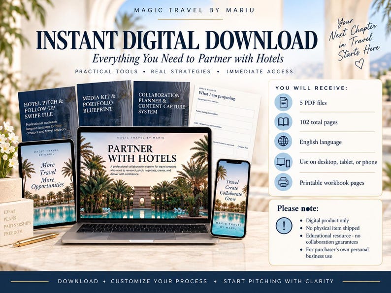 May include: A digital download set for travel creators featuring a laptop, tablet, and smartphone displaying hotel partnership guides. Includes text: Instant Digital Download, Partner with Hotels, 5 PDF files, 102 total pages, and usage notes.