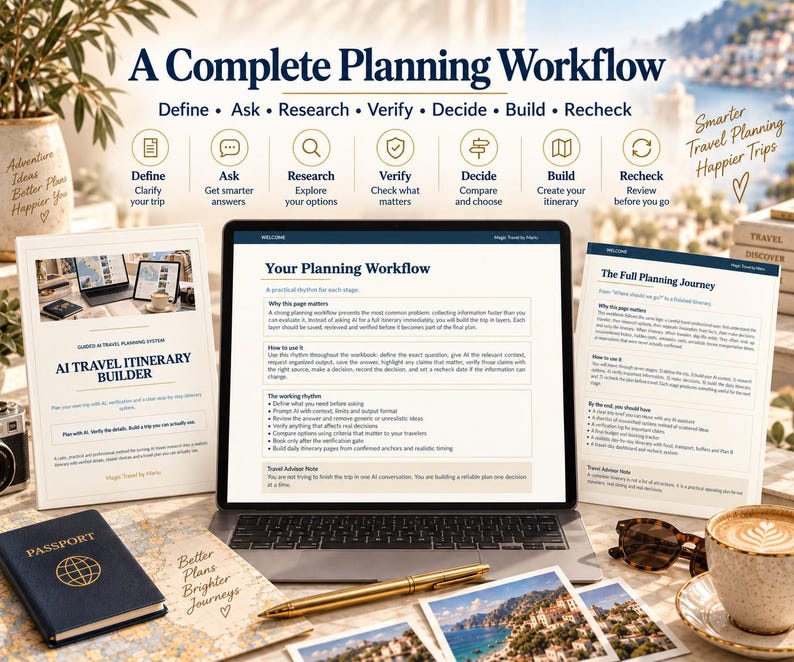 May include: A laptop displaying a document titled Your Planning Workflow, flanked by two printed guides labeled AI Travel Itinerary Builder and The Full Planning Journey. A blue passport, a gold pen, sunglasses, and a coffee cup are on the desk.