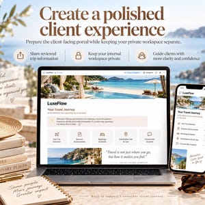 May include: A laptop and smartphone displaying the LuxeFlow travel portal interface. The screen shows travel itinerary details, booking information, and destination tips. The setup includes a stack of books, a pen, a notebook, and sunglasses.