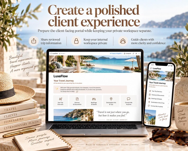 May include: A laptop and smartphone displaying the LuxeFlow travel portal interface. The screen shows travel itinerary details, booking information, and destination tips. The setup includes a stack of books, a pen, a notebook, and sunglasses.