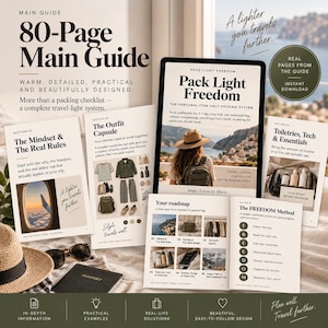 May include: An 80-page digital travel guide titled Pack Light Freedom, displayed on a tablet and printed pages. The guide features sections on packing mindsets, outfit capsules, and toiletries, with text, travel photography, and a passport nearby.