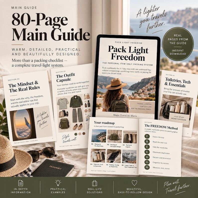 May include: An 80-page digital travel guide titled Pack Light Freedom, displayed on a tablet and printed pages. The guide features sections on packing mindsets, outfit capsules, and toiletries, with text, travel photography, and a passport nearby.