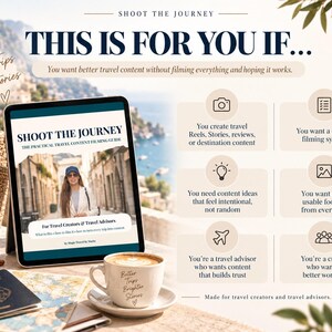 May include: A digital tablet displays the Shoot The Journey travel content guide. Beside it sits a coffee cup, a passport, and sunglasses. The graphic includes text lists for travel creators and advisors, featuring icons for cameras, lightbulbs, planes, and lists.