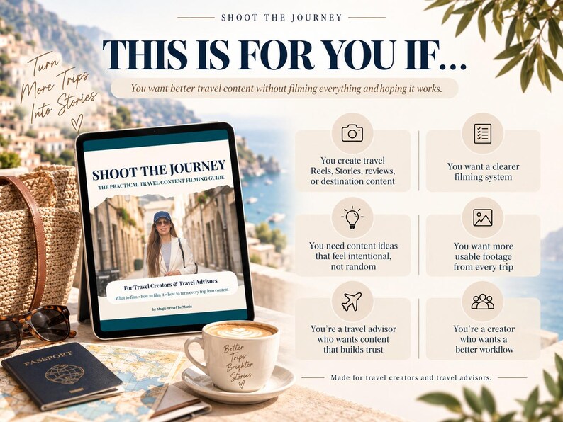 May include: A digital tablet displays the Shoot The Journey travel content guide. Beside it sits a coffee cup, a passport, and sunglasses. The graphic includes text lists for travel creators and advisors, featuring icons for cameras, lightbulbs, planes, and lists.