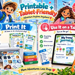 May include: A digital travel journal and activity set featuring printable and tablet-friendly options. The graphic displays a printer with a scavenger hunt page, a tablet showing a travel journal entry, and colorful blocks labeled Explore, Discover, Dream, and Go.