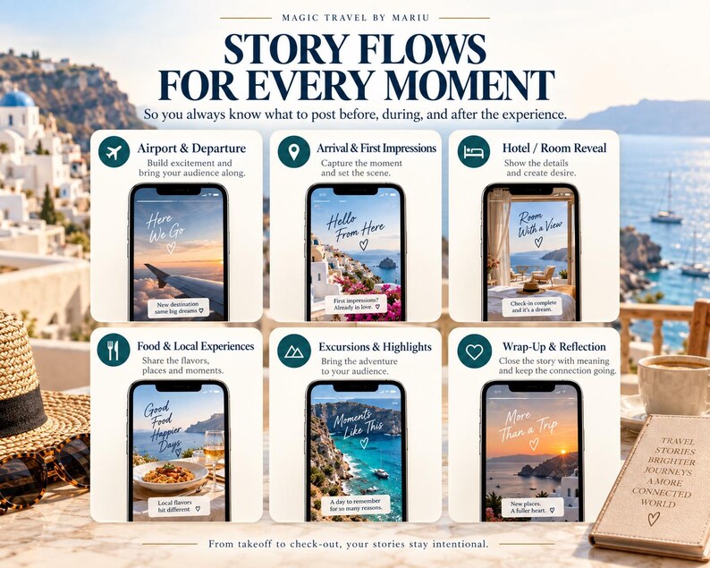 May include: A digital infographic titled STORY FLOWS FOR EVERY MOMENT by Magic Travel by Mariu. It displays six smartphone screens showing travel-themed social media story templates with text overlays like Here We Go, Hello From Here, and More Than a Trip.
