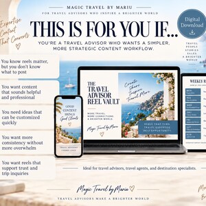 May include: A digital download marketing kit for travel advisors featuring a laptop, smartphone, and tablet displaying content templates. The screens show text including The Travel Advisor Reel Vault and a weekly reel plan against a coastal backdrop.