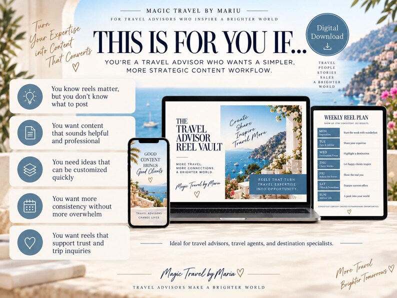 May include: A digital download marketing kit for travel advisors featuring a laptop, smartphone, and tablet displaying content templates. The screens show text including The Travel Advisor Reel Vault and a weekly reel plan against a coastal backdrop.