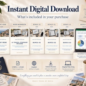 May include: A digital travel planning system featuring five PDF guides and one XLSX spreadsheet. The documents include a Start Here guide, an AI Travel Itinerary Builder, and four bonus files. The set is presented with icons for instant access.