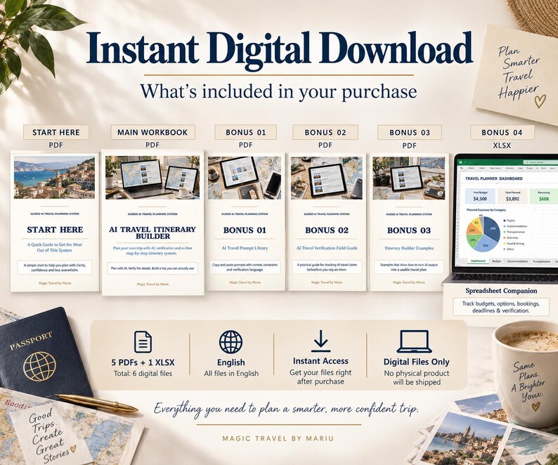 May include: A digital travel planning system featuring five PDF guides and one XLSX spreadsheet. The documents include a Start Here guide, an AI Travel Itinerary Builder, and four bonus files. The set is presented with icons for instant access.