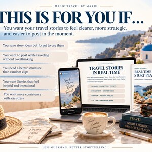 May include: A digital travel planner kit featuring a laptop displaying 'Travel Stories in Real Time', a smartphone with a story interface, a 'Real-Time Story Planner' book, a coffee cup with 'Travel Creates Connection', a straw hat, and a pen.