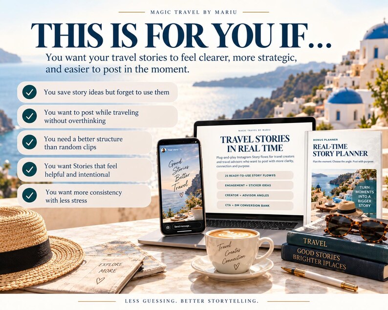 May include: A digital travel planner kit featuring a laptop displaying 'Travel Stories in Real Time', a smartphone with a story interface, a 'Real-Time Story Planner' book, a coffee cup with 'Travel Creates Connection', a straw hat, and a pen.