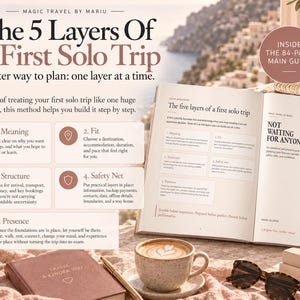 May include: An open 84-page guidebook titled The 5 Layers Of A First Solo Trip, featuring text on planning, a coffee cup with latte art, a brown notebook, and sunglasses. The guide outlines five steps: Meaning, Fit, Structure, Safety Net, and Presence.