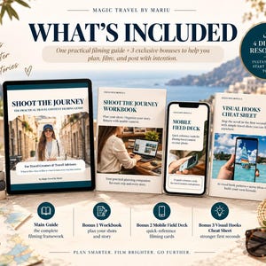 May include: A digital product bundle titled Magic Travel by Mariu featuring a tablet, a workbook, a smartphone, and a cheat sheet. The set includes the Shoot the Journey filming guide, a workbook, a mobile field deck, and a visual hooks cheat sheet.