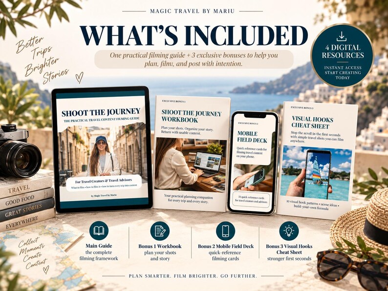 May include: A digital product bundle titled Magic Travel by Mariu featuring a tablet, a workbook, a smartphone, and a cheat sheet. The set includes the Shoot the Journey filming guide, a workbook, a mobile field deck, and a visual hooks cheat sheet.
